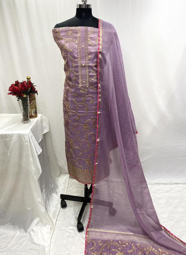 Tissue Organza Lilac Party Wear Zari Work Dress Material